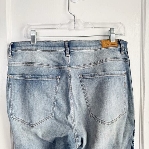 EXPRESS Perfect Curves Leggings High Rise Jeans Blue Side Seam Stripe Raw Hem 12 - Picture 11 of 13